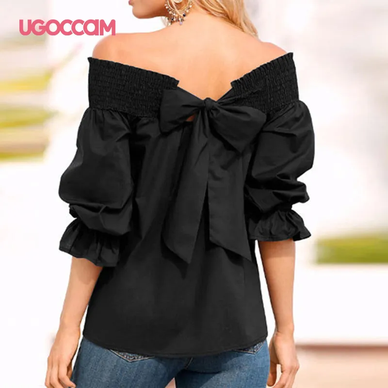 UGOCCAM Vrouwen Off Schouder T-shirt Lantaarn Mouw Ruches Sexy Zomer Wit T-shirt Casual Plus Size Top Vrouwen blusas de mujer 210317