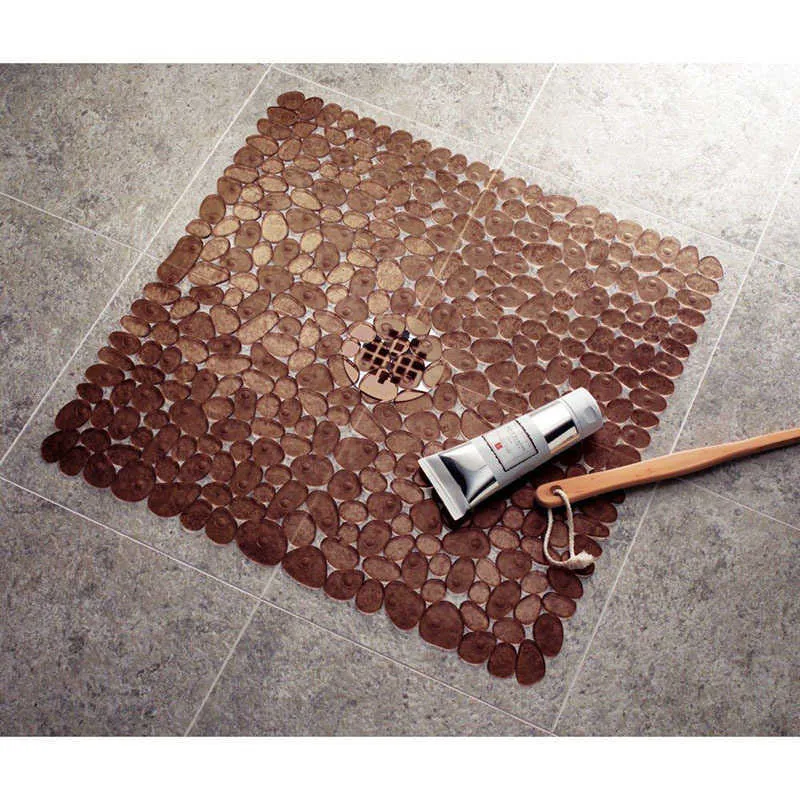 Modern Style Pvc Cobblestone Square Pebble Bathroom Non-Slip Mat Stone Bathroom Mat Bathroom Shower Room Bath Mat Drainage Hole 210724