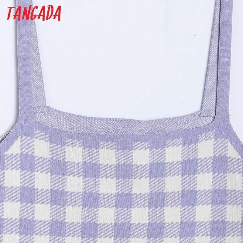 Tangada femmes violet Plaid tricot Camis haut court Spaghetti sangle sans manches dos nu chemises femme décontracté hauts 6H11 210609