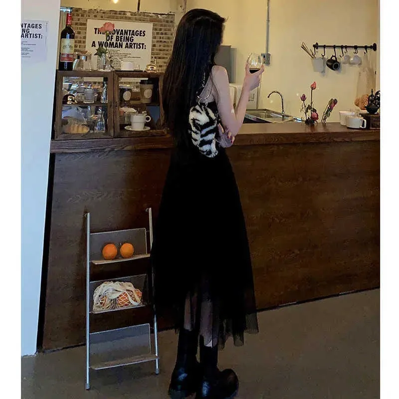 Japanese Harajuku Women Streetwear Irregular Sundress Suspenders Gothic Punk Black Bandage Dress Sleeveless Slim Mesh Tank Dress 210619