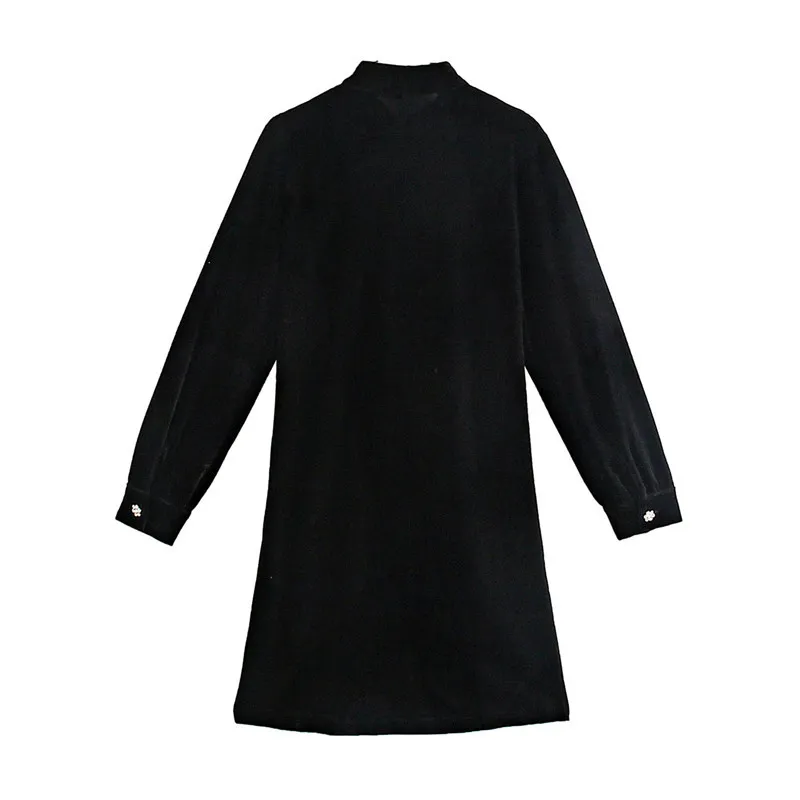 Fashion With Bejewelled Buttons Velvet Short Dress Women Chic Long Sleeve Female es Black Mini 210430