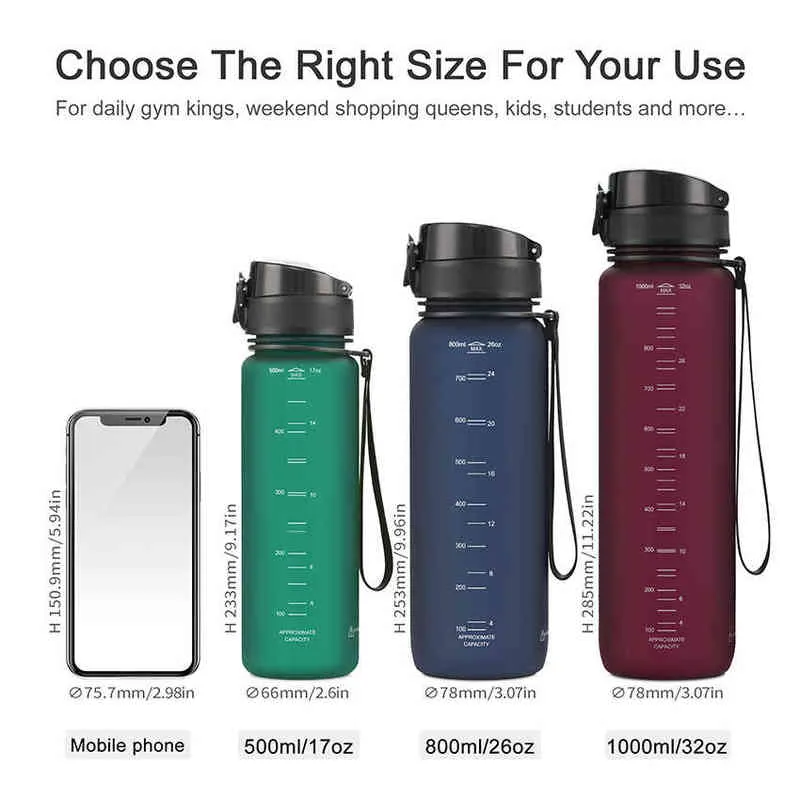 500 800 1000ml Sports Water Bottle A Portable Leak-proof Shaker bottle Plastic Drinkware Tour Gym items 2201252693