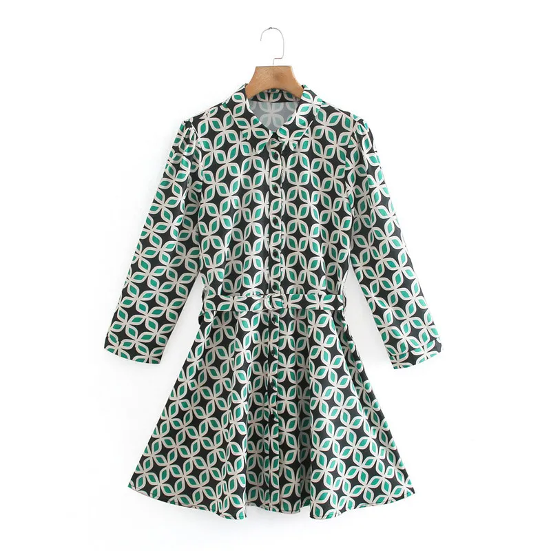 Spring Dress Green Printed Short es Women Casual Tied Belt Button Up Woman es Vintage Shirt 210519