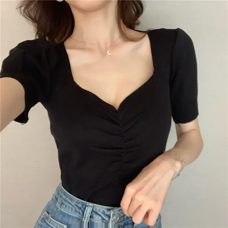 Summer Sexy V-neck Woman Knitted Tshirts Fashion Puff Short Sleeve Solid Knit Tops Woman All Match Slim Female Tee 210514
