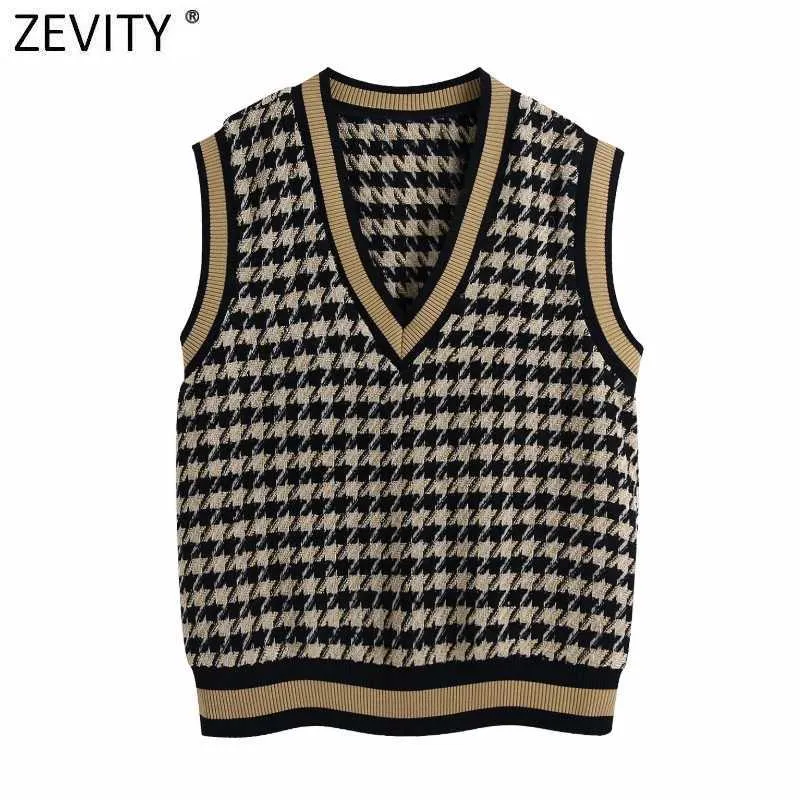 Zevity Mulheres Vintage Vintage V Neck Houndstooth Made Declaração de Tricô Sweater Feminino Sem Mangas Casuais Chique Chique Pulso Tops SW695 210603