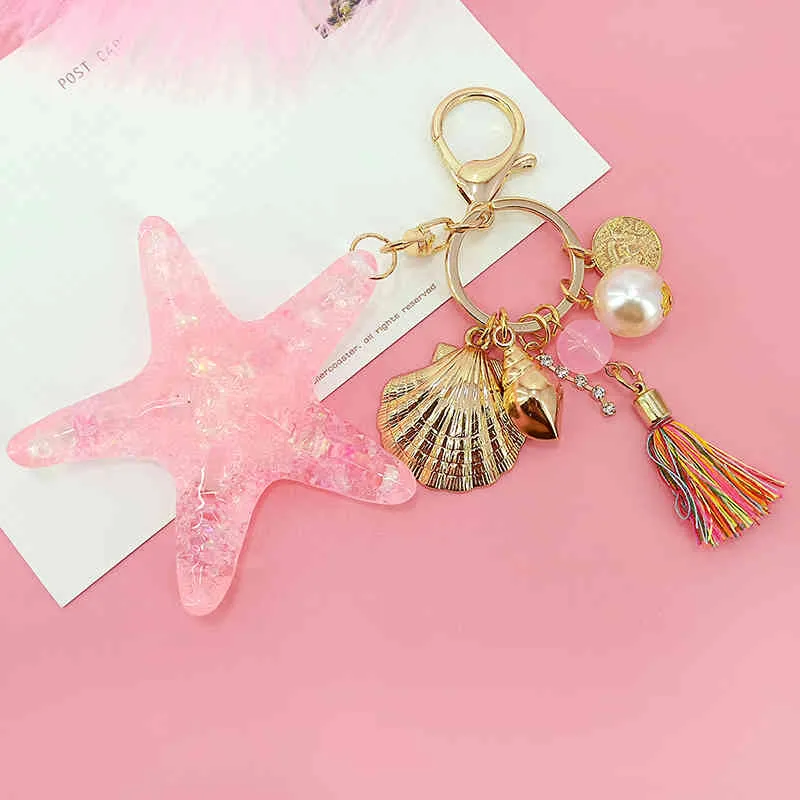 NY FANTASY CARTOON SEA World Pearl Shell Starfish Keychain Pentagram Crystal Key Chain Ladies Bag Car Key Alloy Pendant Jewelry Y5330934
