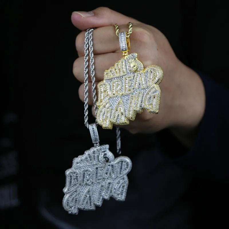 Chains Gold Plated Bling BREAD GANG Letters Necklace For Men Women Pave 5A CZ Cubic Zirconia Money Bag Pendant Iced Out Hip Hop Je293A