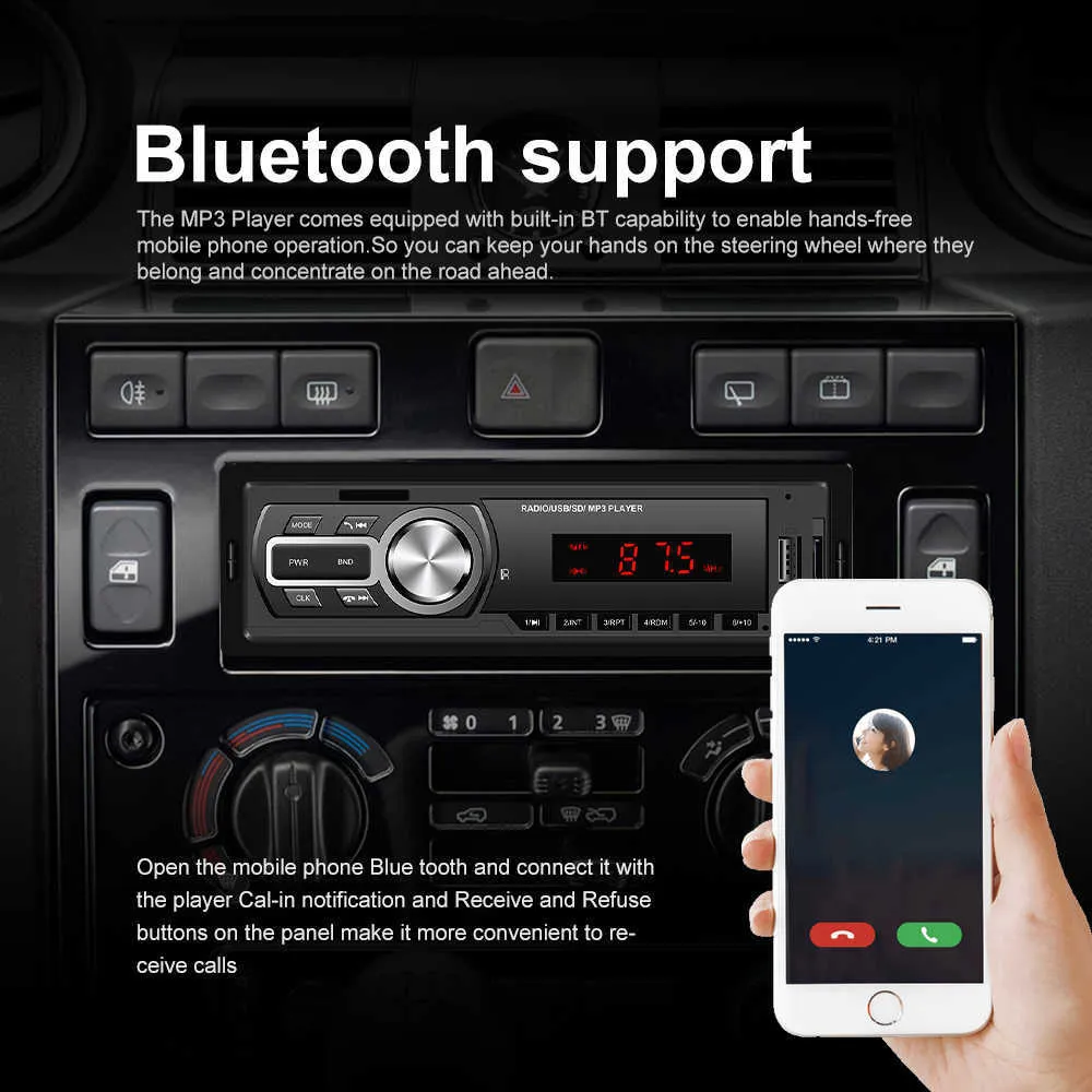 Autoradio Audio FM récepteur stéréo Bluetooth appel de musique 1 Din lecteur MP3 télécommande Support AUX/USB/TF multimédia 12V