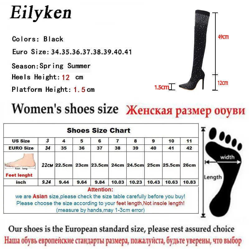 Eilyken Design Fashion bout pointu Bling sur les bottes au genou cristal longue chaussette femmes bottes à talons hauts club chaussette bottes taille 35-43 210911