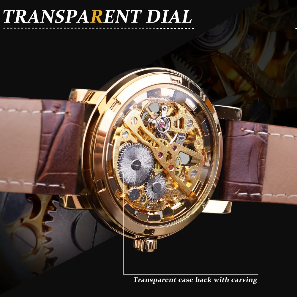 Montre de luxe pour hommes, boîtier doré Transparent, Design décontracté, bracelet en cuir marron, squelette mécanique 2849