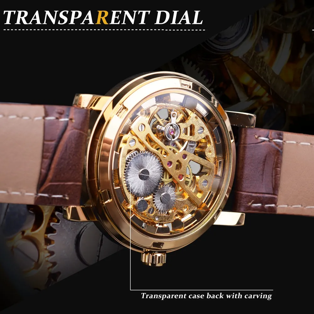 Przezroczysty złotą obudowę luksusowy design Brązowy skórzany pasek męskie zegarki mechaniczne szkielet266d