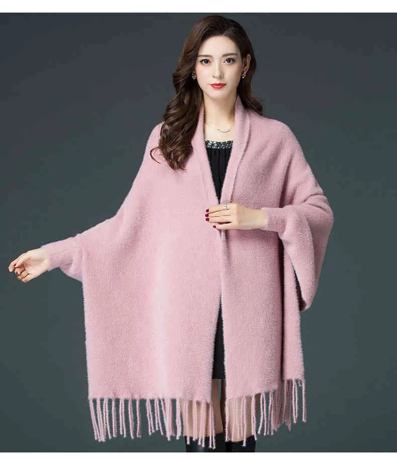 Autumn and Winter Mink Cloak Coat Women039s Thicked DualPurpose Scarf Solid Color Cardigan Cloak med ärmar bärbar sjal8255174