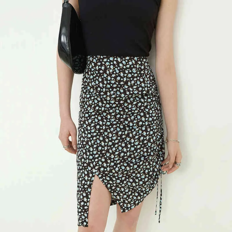 [EAM] High Waist Blue Patten Printed Irregular Drawstring Half-body Skirt Women Fashion Spring Summer 1DD8969 210512