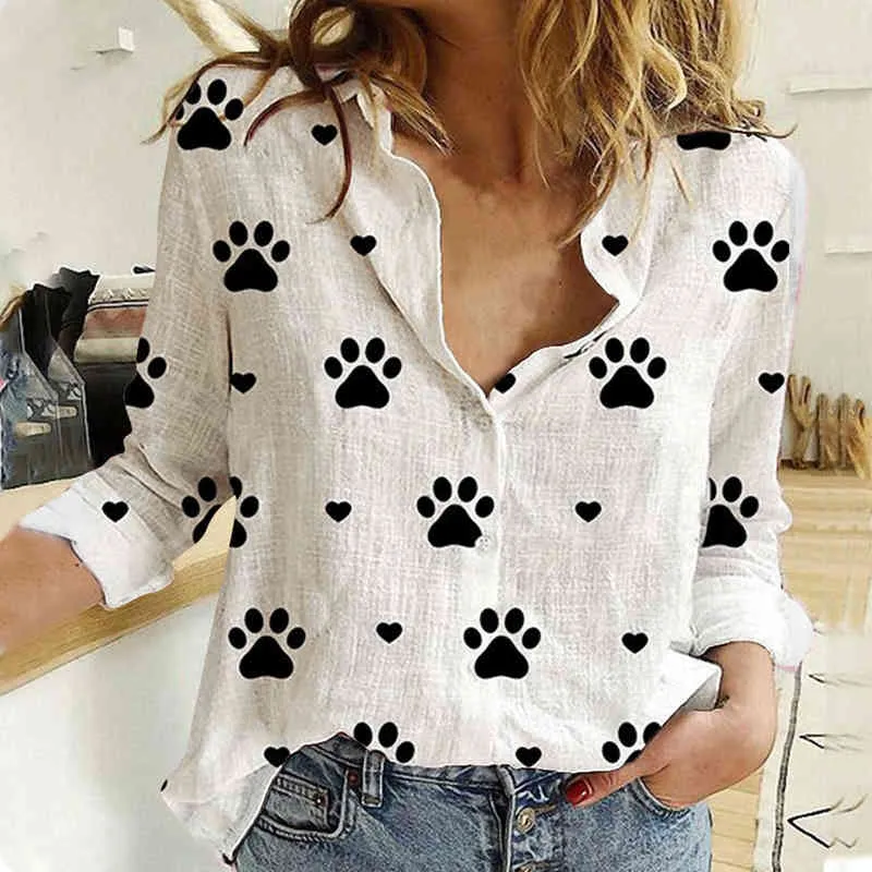 Moda de verão blusas mola mola de mangas compridas lapela kawaii cão impressão botão top camisa feminina solta plus size ladies roupas h1230