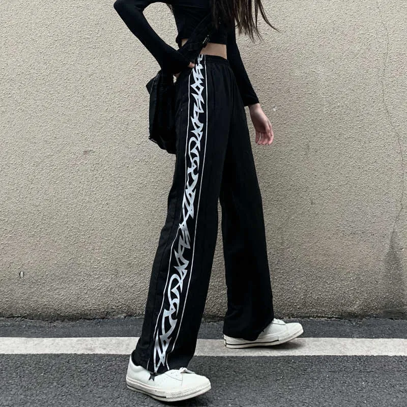 Kvinnors Sportbyxor 2021 Ny StreetWear Versatile Fashion High Waist Straight Pants Casual Baggy Black Wide Leg Stripe Byxor Q0801