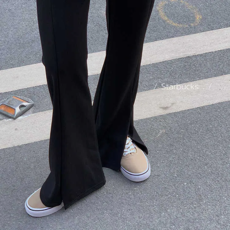 Skinny High Cintura Preto Split Flare Calças Mulheres Casual Moda Bottoms Pant Streetwear Pantalones De Mujer Vintage 210610