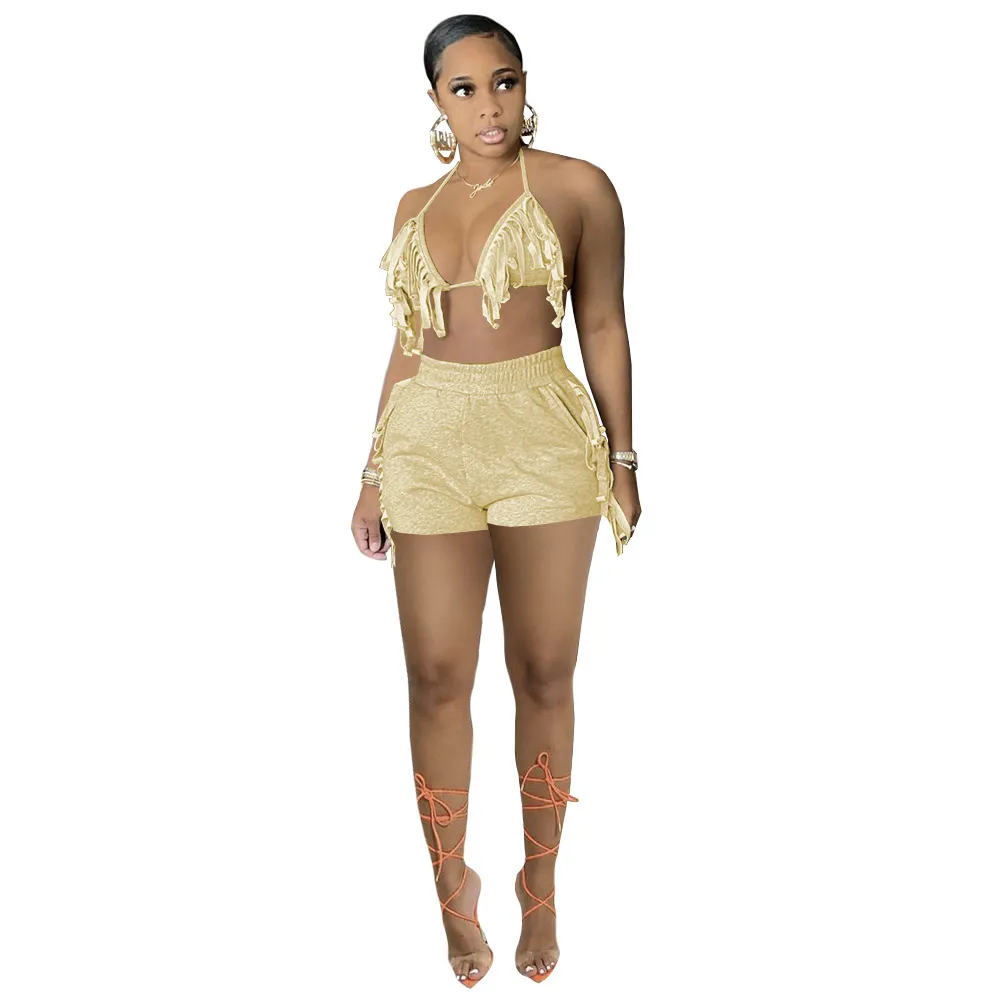 Women's Solid Color Tassel Strap Sexy Nightclub Party Shorts Matching Set Two-piece Track Suit Elegant Women Cloth Wholesale 210525