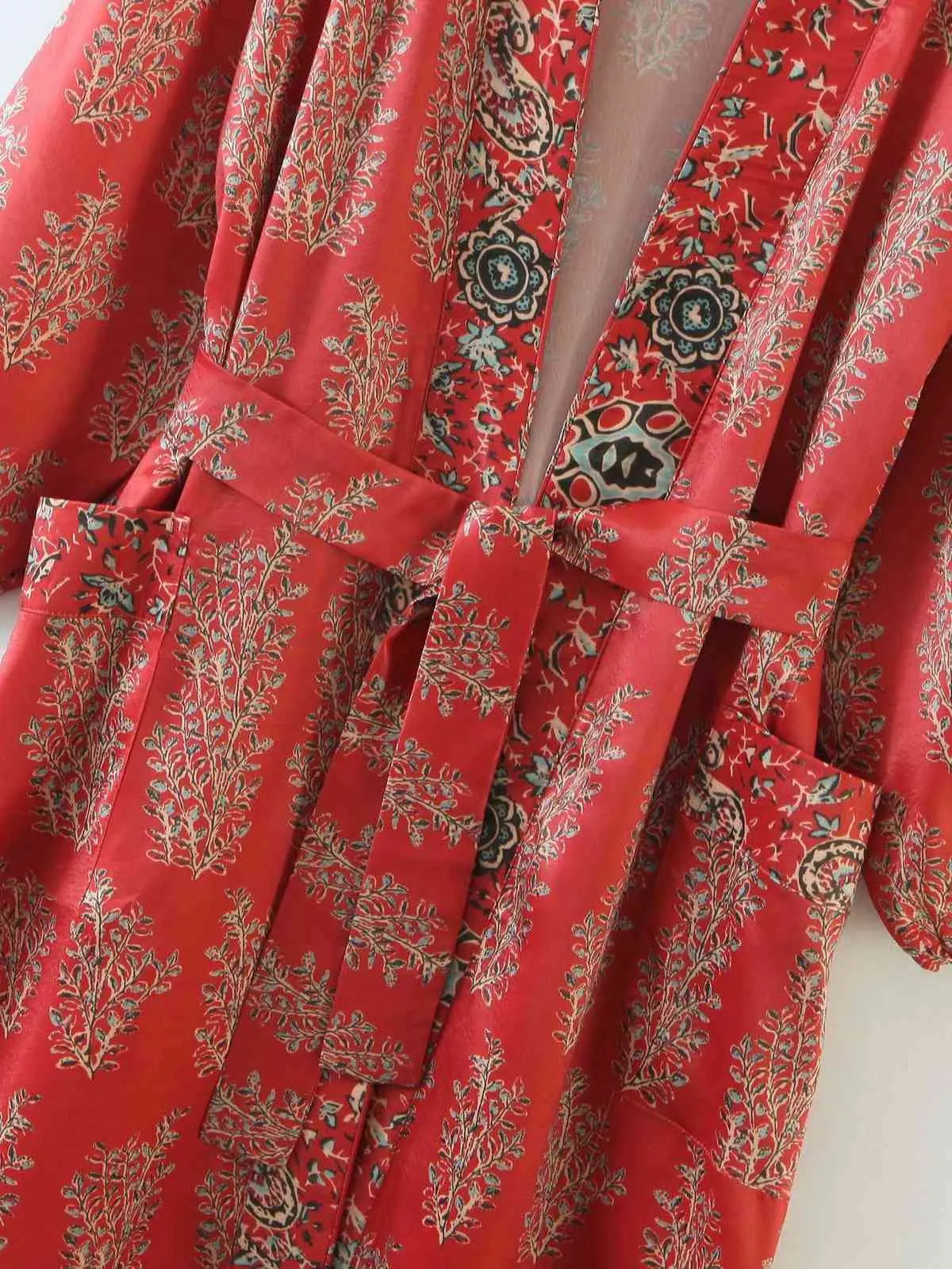 Ayualin z długim rękawem Kimono Sukienki Kobiety Cover Up Vintage Satynowe Red Floral Print Jesień Vestidos Boho Side Split Robe 210714