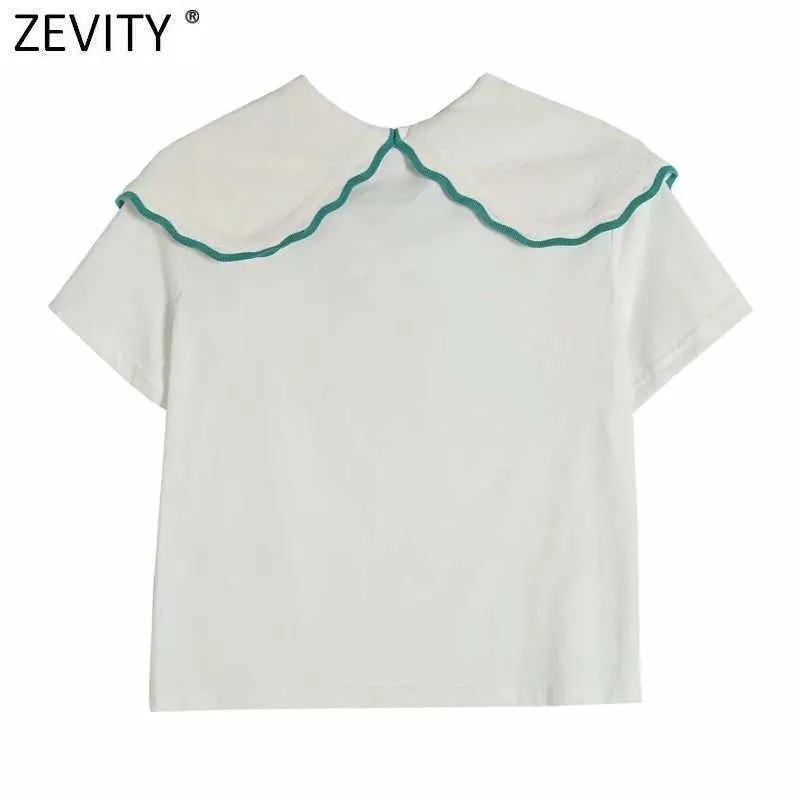 Zevity Frauen Süße Peter Pan Kragen Patchwork Stricken Beiläufige Slim T-Shirt Weibliche Chic Kurzarm Sommer Tops LS9208 210603
