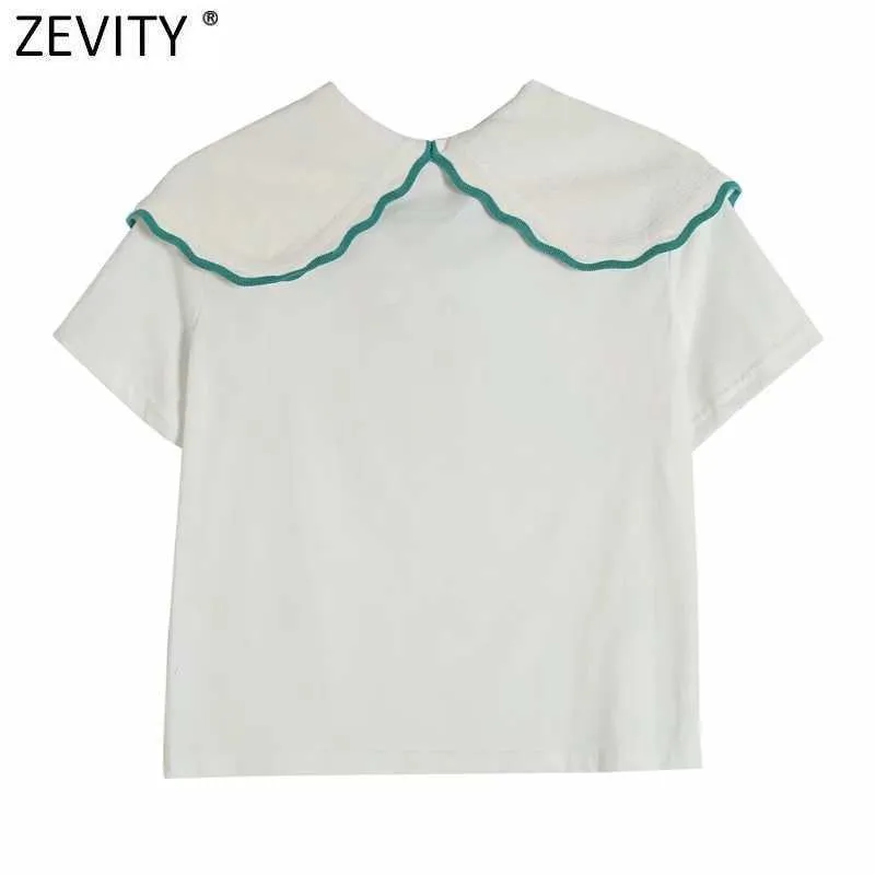 Zevity Women Sweet Peter Pan Collar Patchwork Knitting Casual Slim T-Shirt Femenino Chic Manga corta Tops de verano LS9208 210603