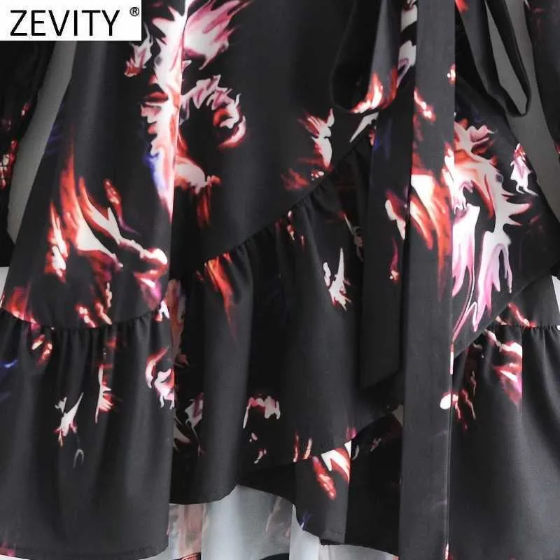Zeefity Dames Vintage Cross V-hals Afdrukken Lace Up Kimono Mini Jurk Vrouwelijke Zoom Onregelmatige Ruches Casual Slanke Vestido DS4852 210603