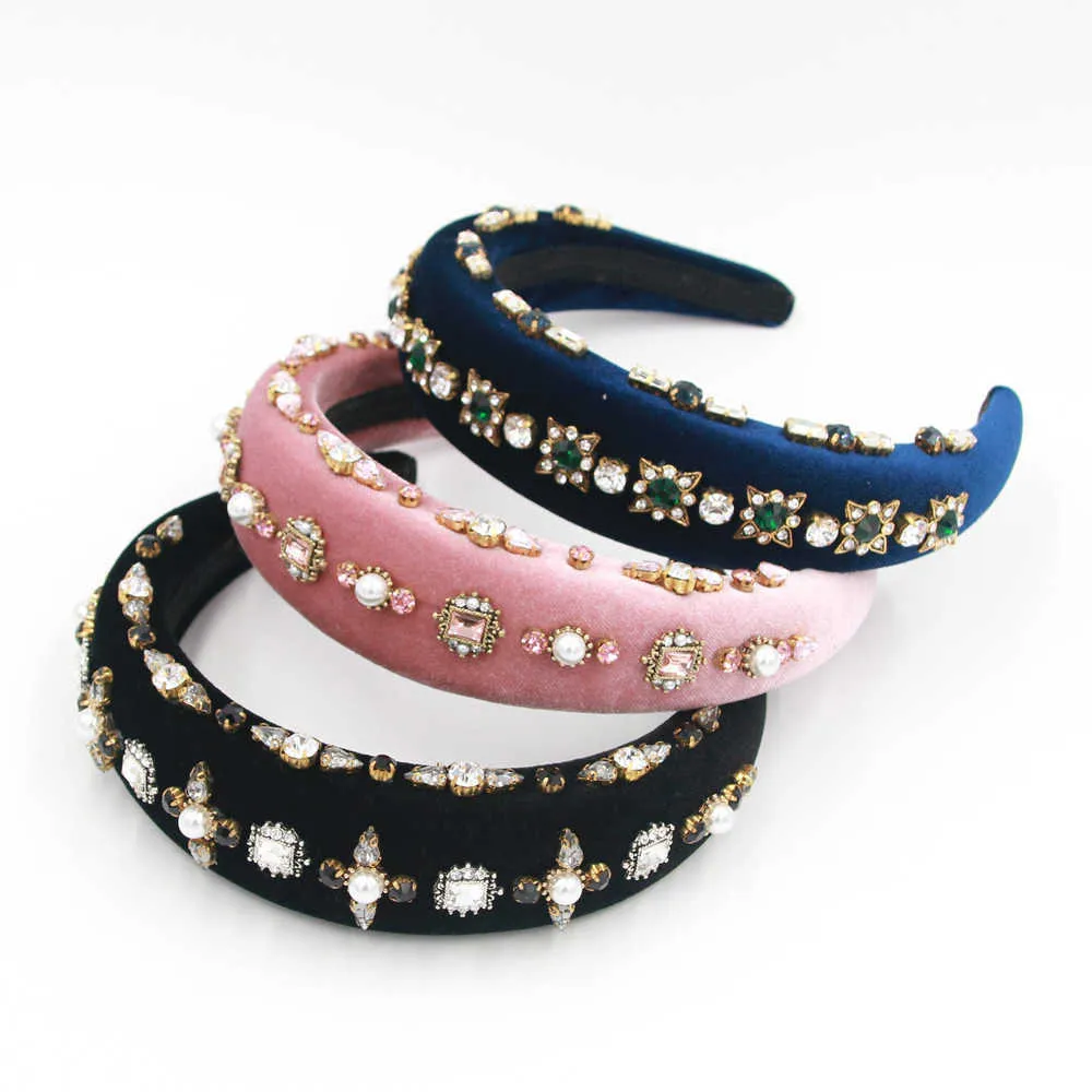 Vacker överdriven vadderad barock huvudband Sprabby Rhinestone Pearl Hairbands Personlighet Party Show Head Crown Women Headwear X0722