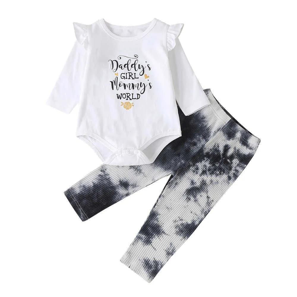 Arrivées Hiver Garçons Ensembles À Manches Longues Lettre Barboteuses Tie-dye Pantalon Mignon Vêtements 0-2T 210629