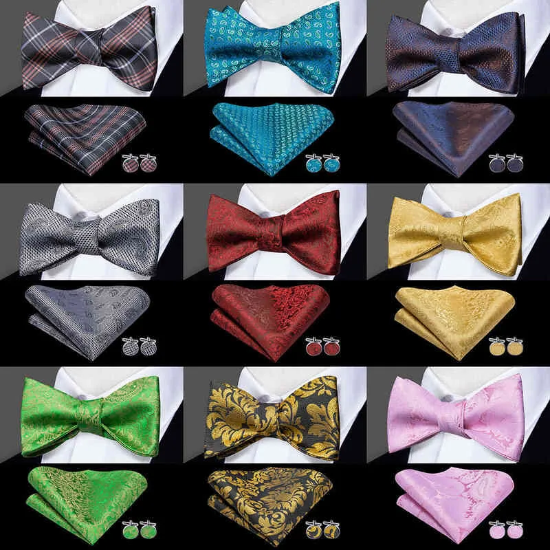 Hi-Tie 100% Silk Adult Men's Self Bow Tie Pocket Square Cufflinks Set Male Formal Wedding Party Accessories Luxury Bow Tie Set Y1229