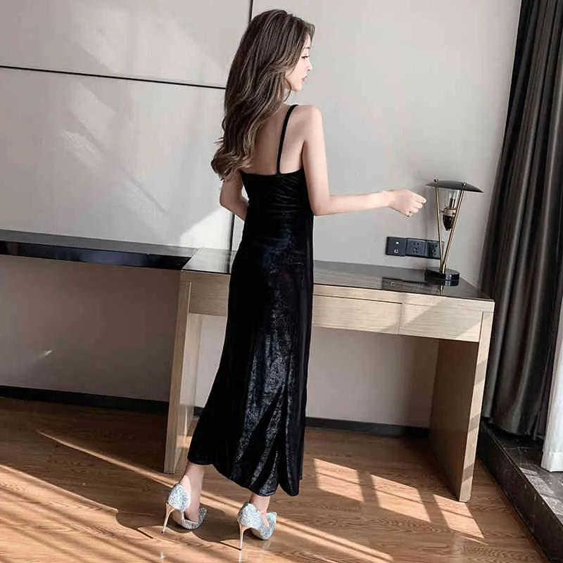 Spring Autumn Women's Dress Sexy Cross V-neck Low-cut Tight-fitting Solid Color High Slit Suspender es LL168 210506