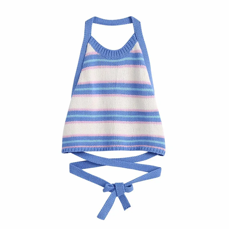 Casual Women Halter Bow Sling Summer Fashion Ladies High Street Sexy Female Open Back Striped Knit Top 210515