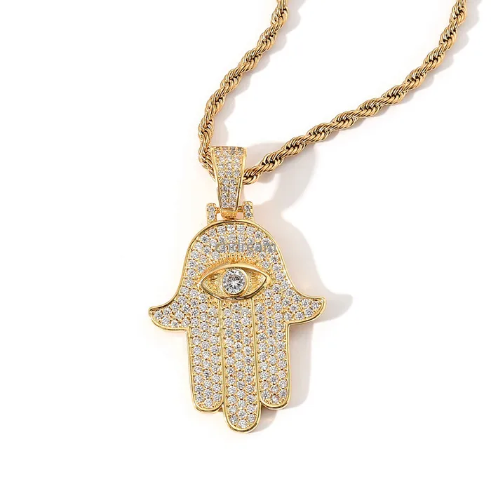Diamond Fatima Eye Hand Necklace Jewelry Set Bling Cubic Zirconia Hip Hop 18K Gold Pendant Halsband Kvinnor Män rostfritt stål Cha199q