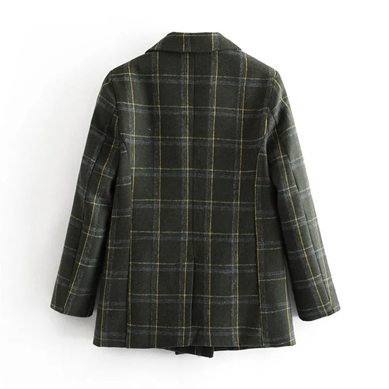 Green Plaid Blazer Kobiety Jesień Zima Vintage Garnitury Wełny Kurtki Panie Biurowe Chic Slim Blazers Girls Topy Zestaw Płaszcz 210430