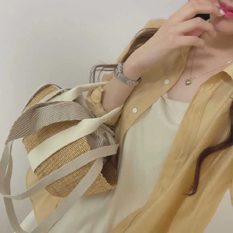 KOREJPAA Mulheres Define Verão Coreano Chic Senhoras Simples Lapela Micro-Transparente Camisa V-Neck Slim Suspender Vestido 210526