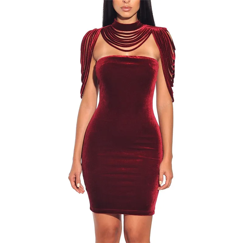 Isarose Lady Bez Ramiączek Sukienki Soft Velvet Bodycon Club Party Dress Dla Kobiet Z Ramię Wyściełany Cloak Tassel Choker Naszyjnik 210422