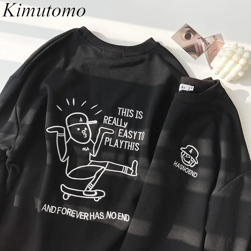 Kimutomo letra bordado t-shirt meninas coreano moda primavera feminino o-pescoço manga comprida preto top outwear solto casual 210521