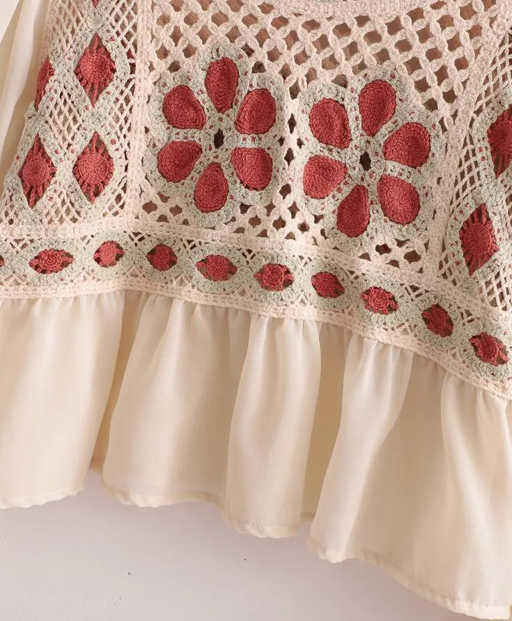 Étnica retro longa manga spled lace crochet flower short curto camisa mulheres soltas pulôver colhido blusa tops menina 210429