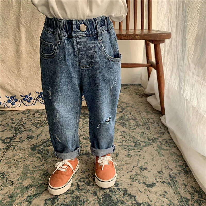 Весенние унисекс дети эластичные разорванные джинсы корейский стиль мальчики и девочки свободные прямые джинсовые штаны 210615