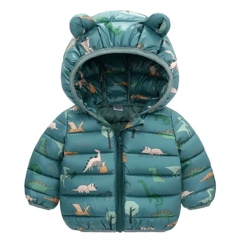 Nya babykläder söt tecknad utländsk stil förtjockad varm down jacka tecknad dinosaurie småbarn pojke jacka 0-5 år gammal H0909