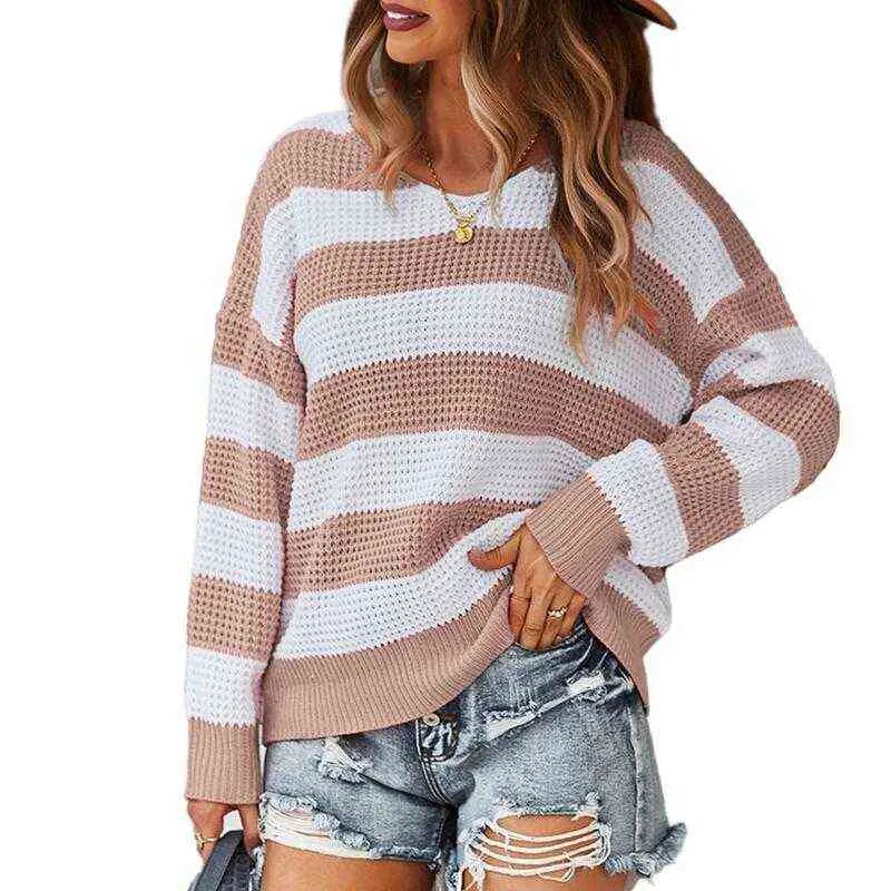 Femmes printemps automne Patchwork rayé tricoté pull pull pulls haut col rond manches longues ample tout Match S-XL Y1110