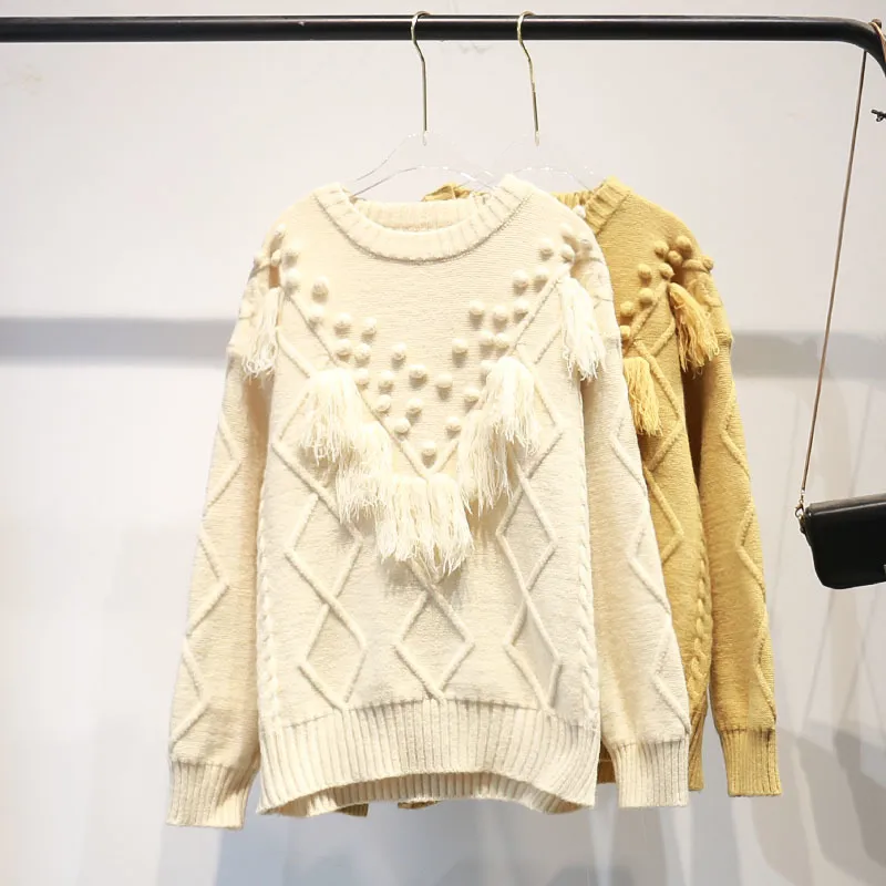 Kobiety Swetry Zimowe Oneck Ruffles Tassle Pull Sweter Topy Zielona Żółta Knit Brzydkie Sweter Boże Narodzenie Pullover 210430