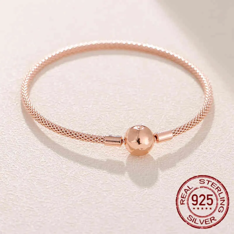 Real 925 sterling Silver Beads Snake Chain Rose gold Wire Fit original Pandra bead charm Women Bracelet Jewelry 2021