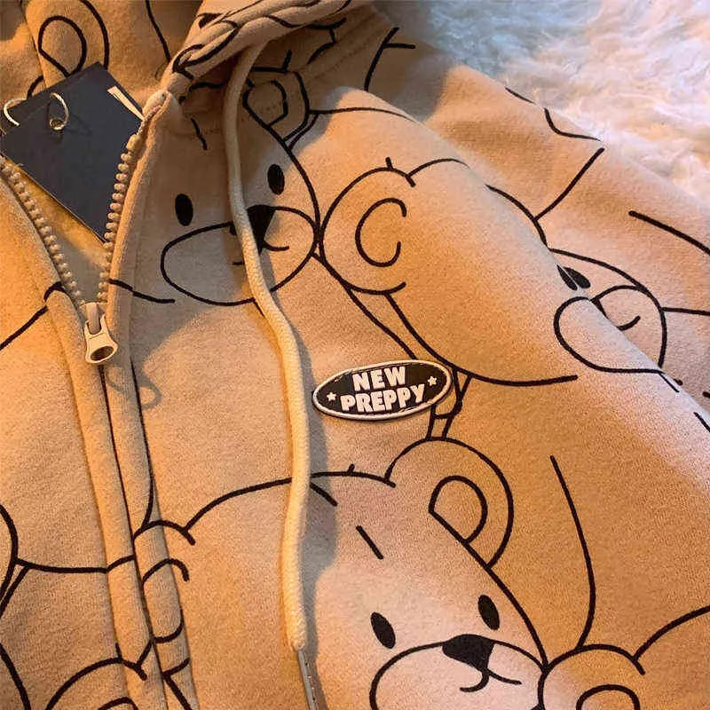 Cute Lillte Bear Cartoon Print Zip Up Hoodie Korean Fashion Kawaii Clothes Hoodies Pullover Sweatshirt Jackets For Women 211109