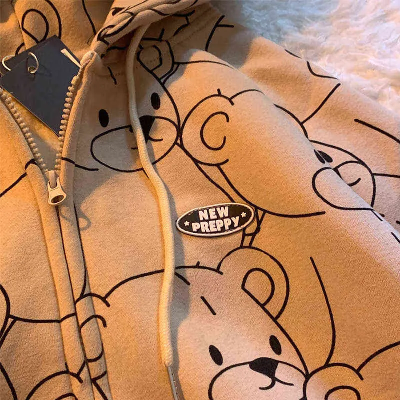 Симпатичные Lillte Bear Мультфильм Печать Zip UP Hoodie Корейская Мода Kawaii Одежда Толстовки Пуловер Толстовки Куртки Для Женщин 211109