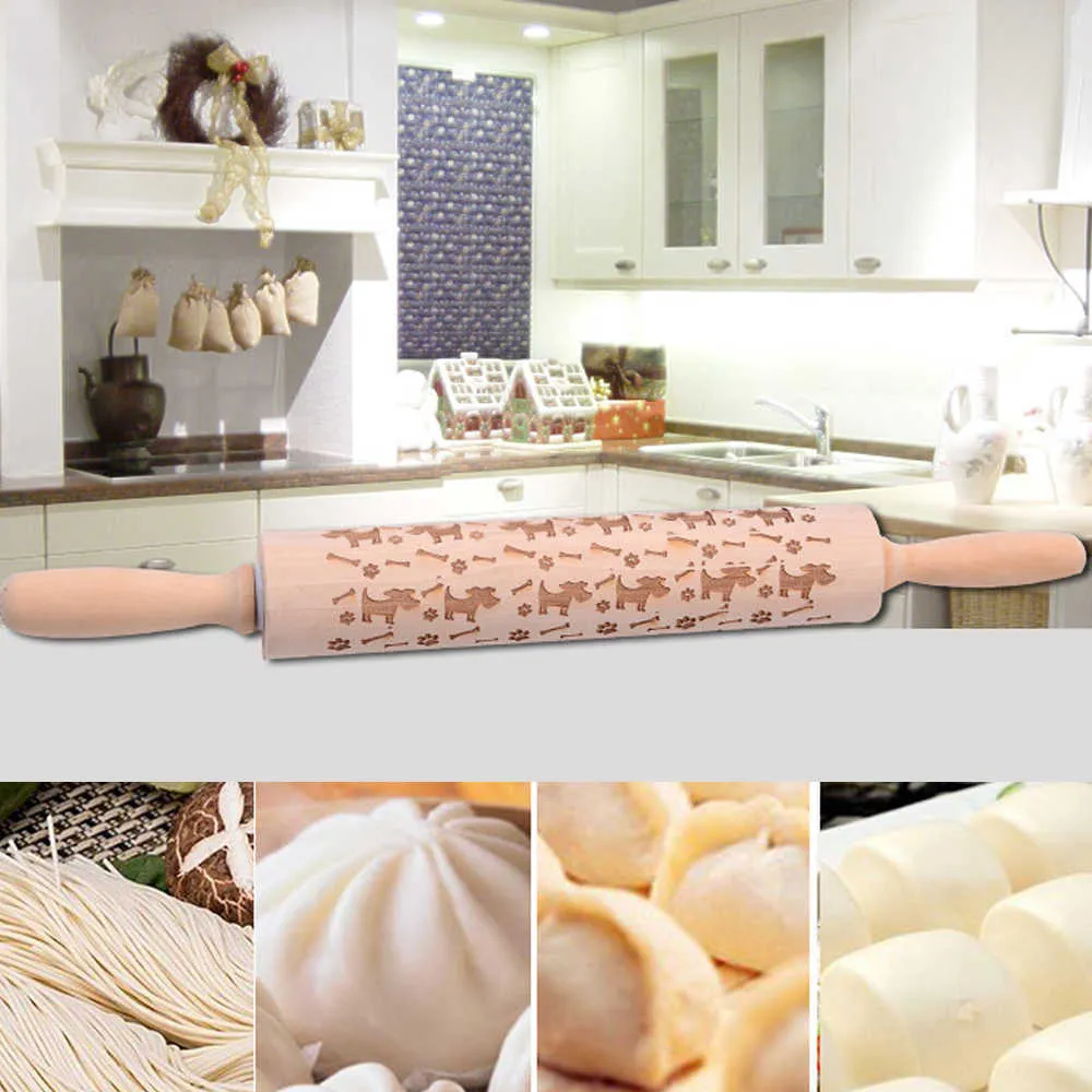 Kerst Ontwerp Houten Rolling Pins Gegraveerde Embossing Roller voor Cookies Noodle Biscuit Cake Fondant Bakvormen Rolling Pin 211008