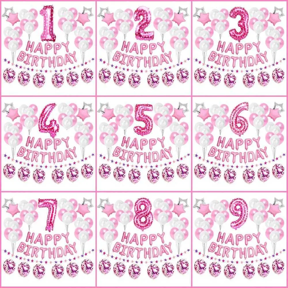 Ballons roses numéro 1 2 3 4 5 6 7 8 9 ans, 37 pièces, décorations de fête d'anniversaire pour enfants, bébé fille princesse 15 16 18 30 40 211222b