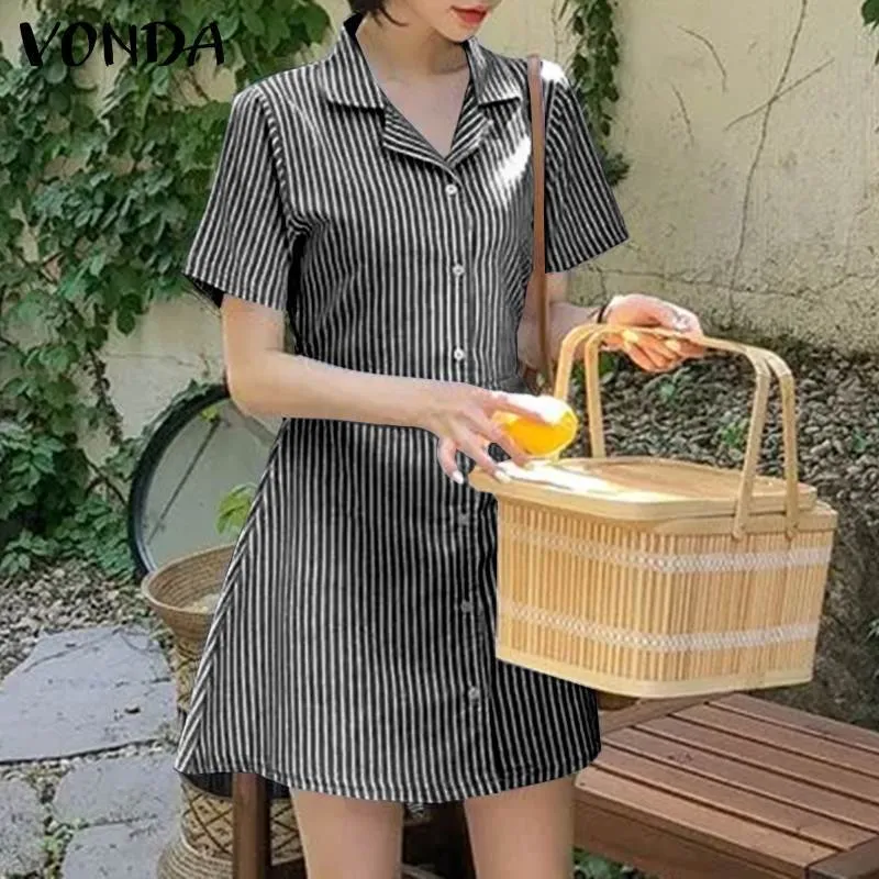 Sommar shorts ärm pläterad randig klänning vonda casual lapel krage knapp upp skjortor klänning damer bohemian vestido elegant mantel x0521