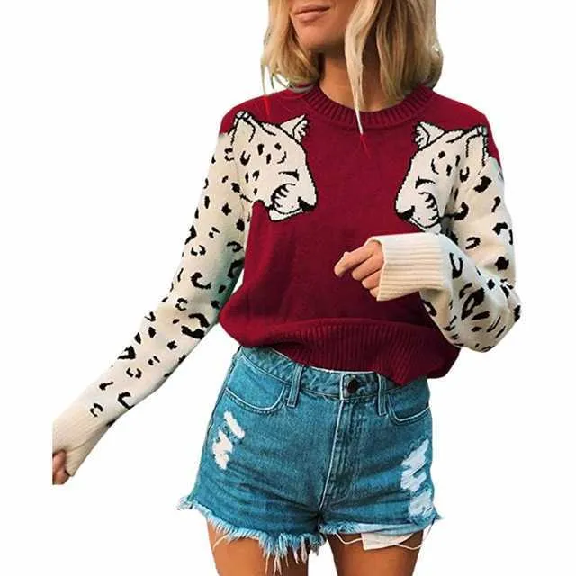 Höst Vinter Leopard Kvinnor Tröja Oversize Knitwear Womens Pullovers s Grön Casual Kvinna Stickad Jumper 210604