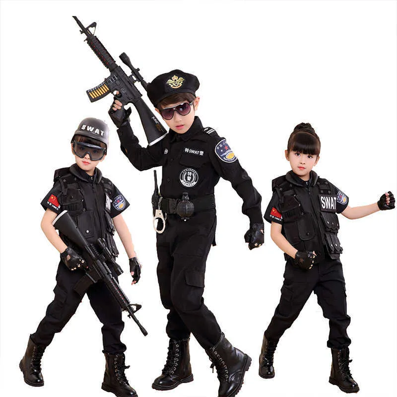 Çocuklar Cadılar Bayramı Polis Kostümleri Çocuk Partisi Karnaval Polis Üniforması 110160cm Erkek Ordu Polisleri Cosplay Giyim Setleri Y09132221988