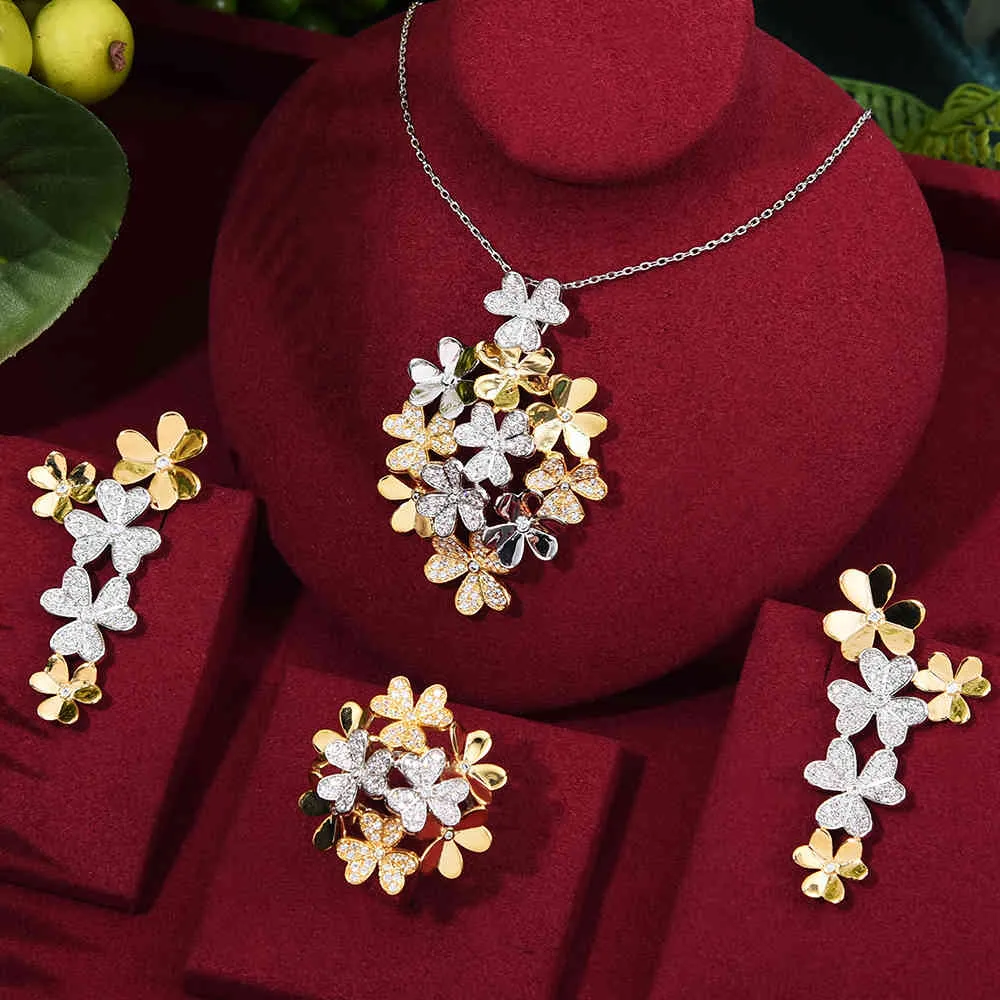 Godki Luxury Flower Cluster Cubic Zircon Nigerian Halsband Örhänge För Kvinnor Bröllop Indiska Dubai Bridal Smycken Set