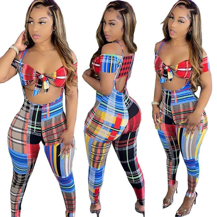 Vrouwen jarretelere riem broek plaid patroon high-taille jumpsuit overalls office lady slim fit potlood broek rompertjes 210525